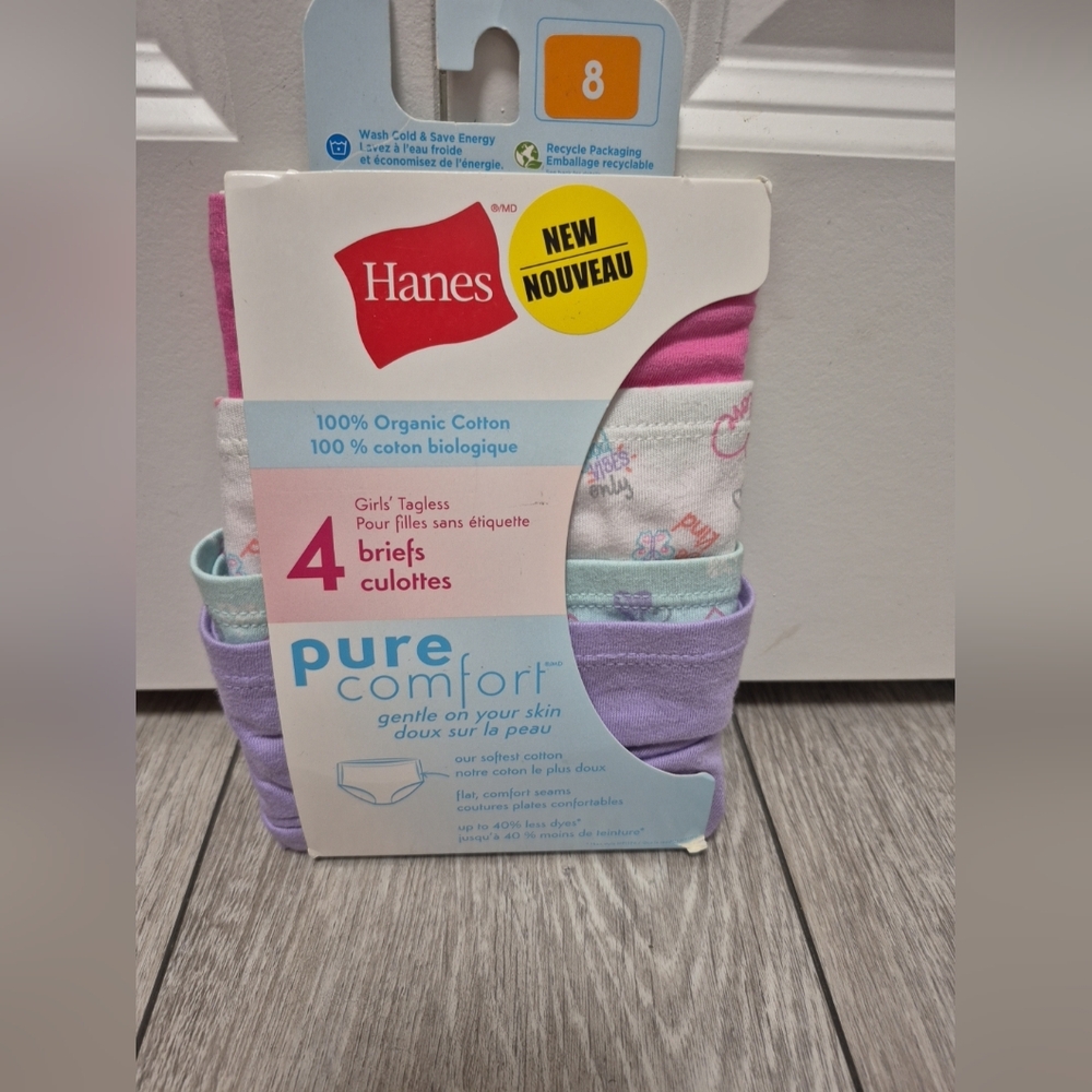 4 Pairs Of Hanes Pure Comfort Girls' Briefs Underwear. 100% Organic Cotton. Sz 8